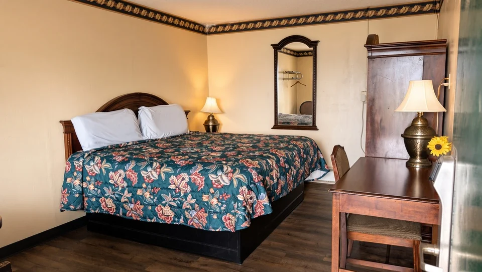 King room with a floral bedspread, wooden headboard, dresser, mirror, and bedside lamps