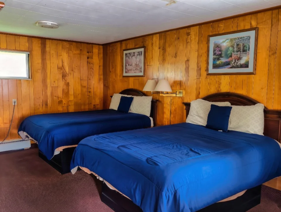 Two beds with blue covers in a wood-paneled room with a lamp between them